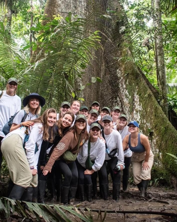 Grupo de voluntarias sonrientes junto a un gran árbol en la selva